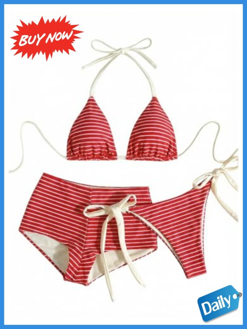 3 Piece Gingham Halter Bikini Set with Boyshorts High Cut